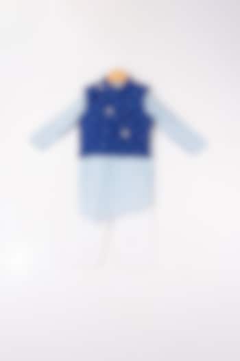 Powder Blue Kurta Set With Navy Blue Bundi Jacket For Boys by Kirti Agarwal Pret n Couture