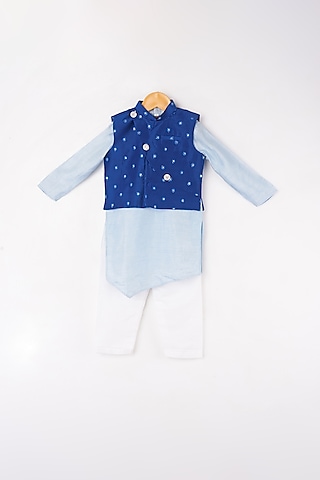 Powder Blue Kurta Set With Navy Blue Bundi Jacket For Boys by Kirti Agarwal Pret n Couture