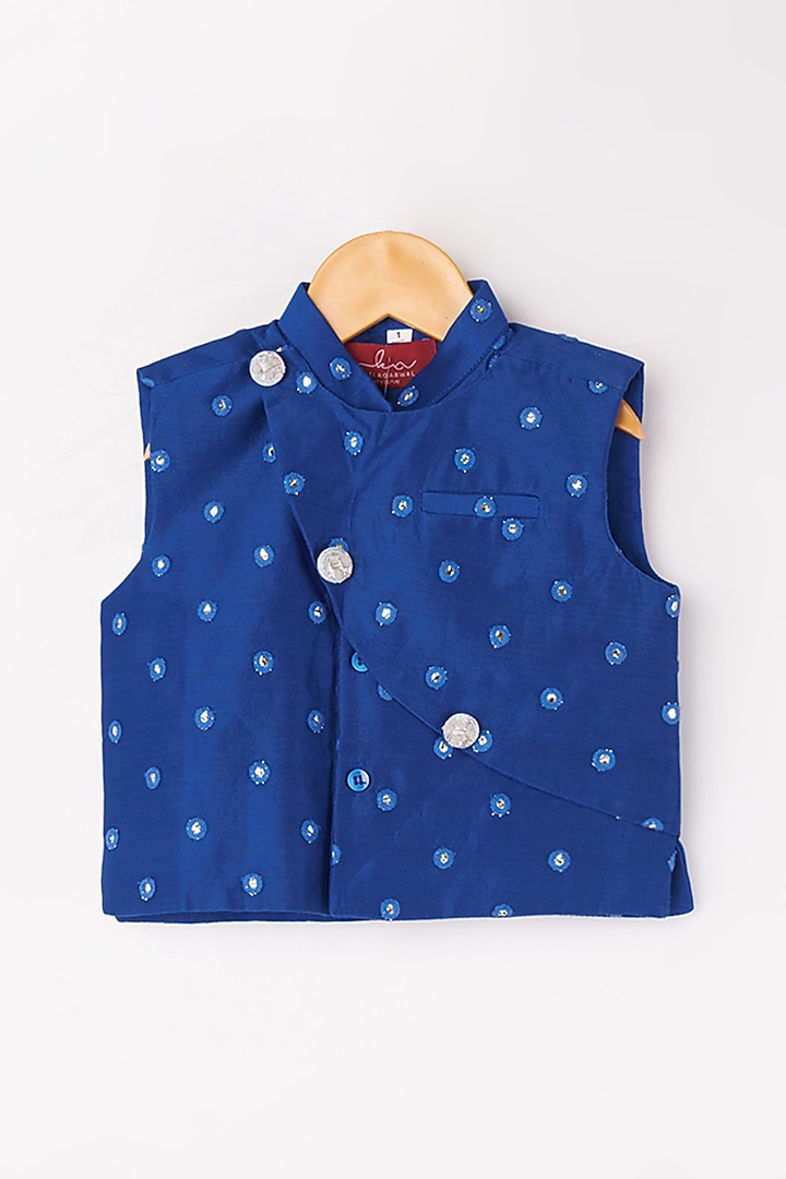 Powder Blue Kurta Set With Navy Blue Bundi Jacket For Boys by Kirti Agarwal Pret n Couture at Pernia's Pop Up Shop