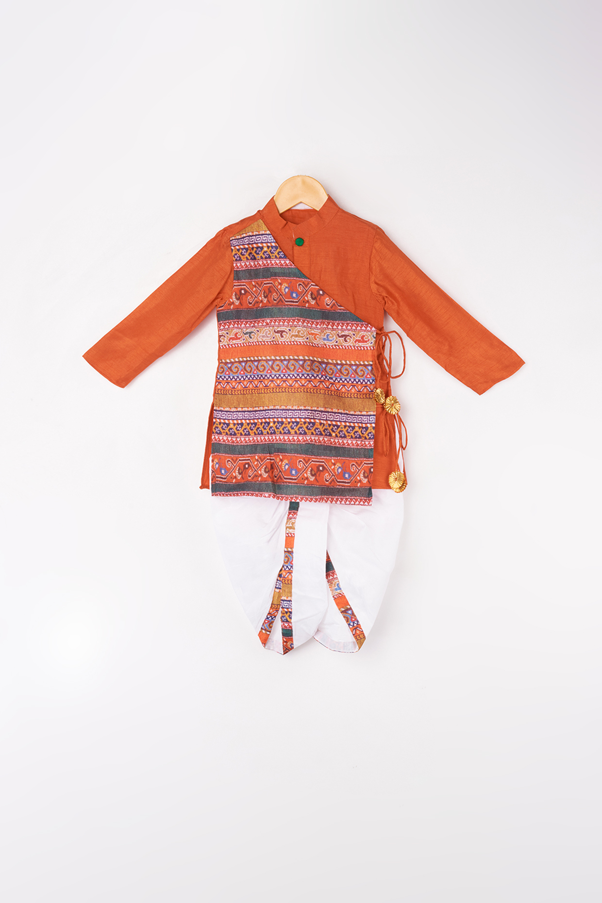 Rust Orange Angrakha Kurta Set For Boys by Kirti Agarwal Pret n Couture at Pernia's Pop Up Shop