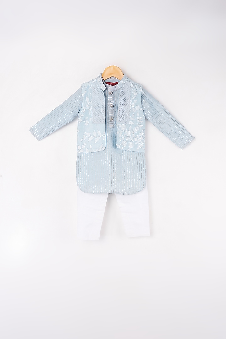 Powder Blue Kurta Set With Embroidered Bundi Jacket For Boys by Kirti Agarwal Pret n Couture at Pernia's Pop Up Shop