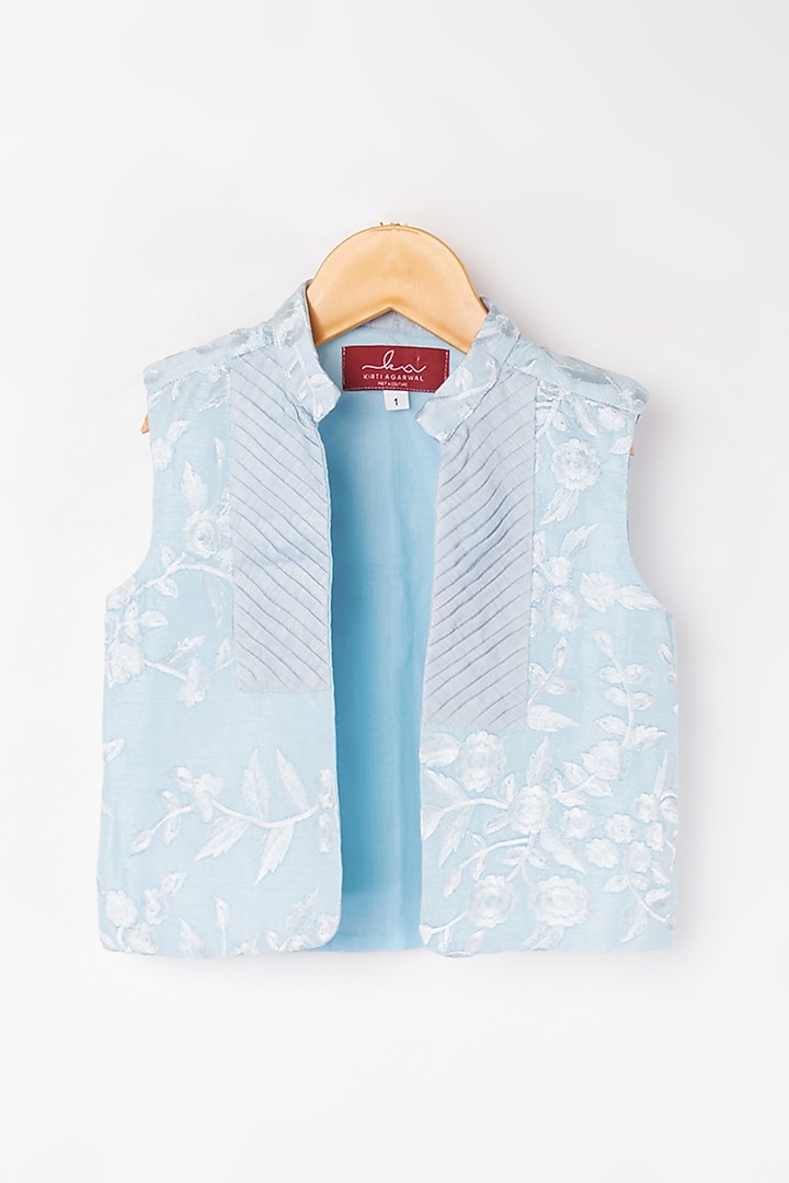 Powder Blue Kurta Set With Embroidered Bundi Jacket For Boys by Kirti Agarwal Pret n Couture at Pernia's Pop Up Shop