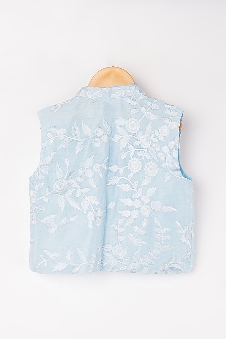 Powder Blue Kurta Set With Embroidered Bundi Jacket For Boys by Kirti Agarwal Pret n Couture at Pernia's Pop Up Shop
