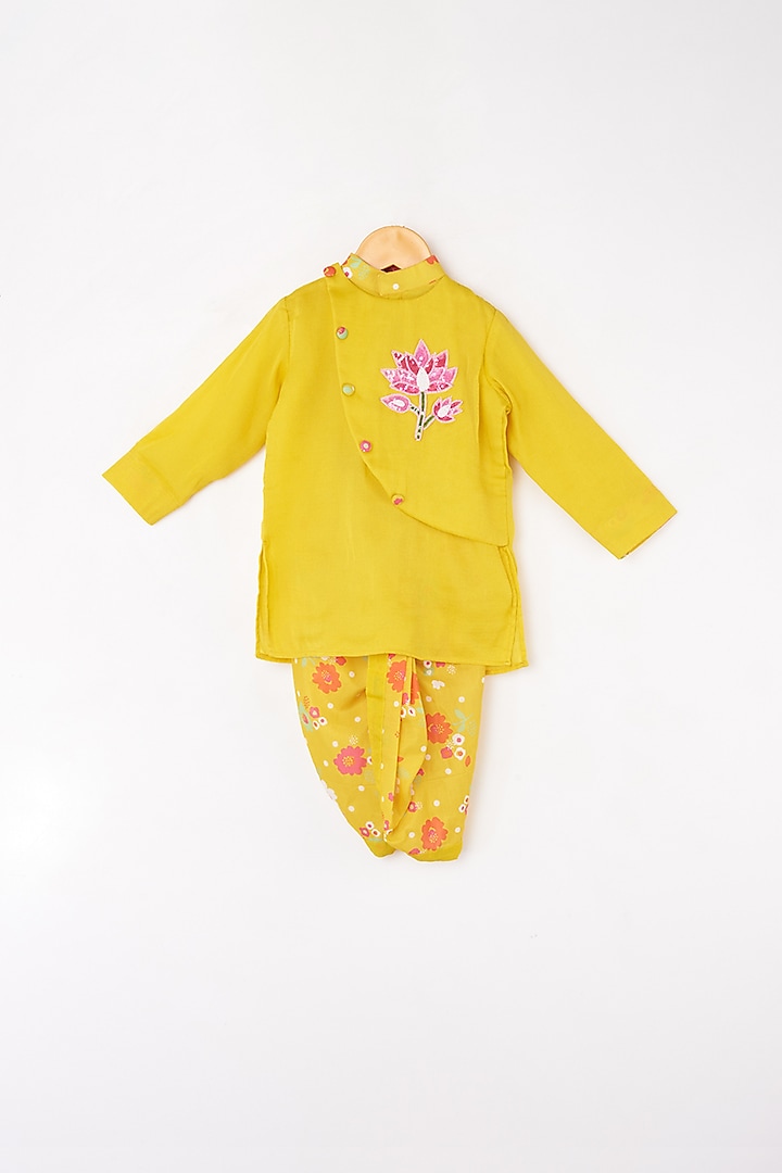 Yellow Embroidered & Printed Kurta Set For Boys by Kirti Agarwal Pret n Couture