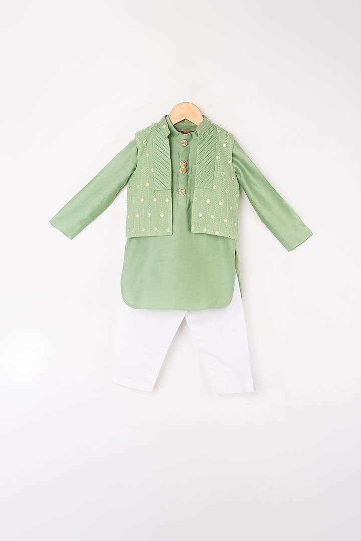 Absinthe Green Kurta Set With Embroidered Bundi Jacket For Boys by Kirti Agarwal Pret n Couture