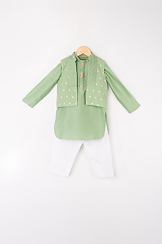 Absinthe Green Kurta Set With Embroidered Bundi Jacket For Boys by Kirti Agarwal Pret n Couture