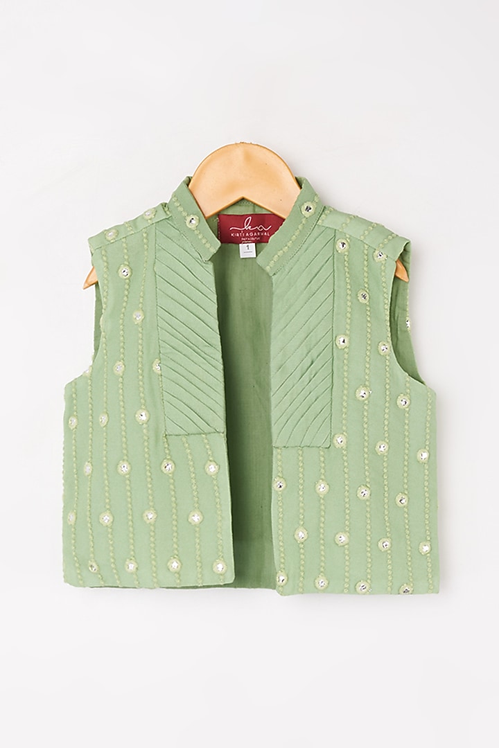 Absinthe Green Kurta Set With Embroidered Bundi Jacket For Boys by Kirti Agarwal Pret n Couture at Pernia's Pop Up Shop