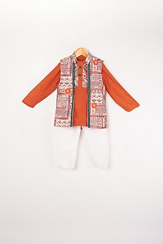 Burnt Orange Kurta Set With Multi-Color Jacket For Boys by Kirti Agarwal Pret n Couture