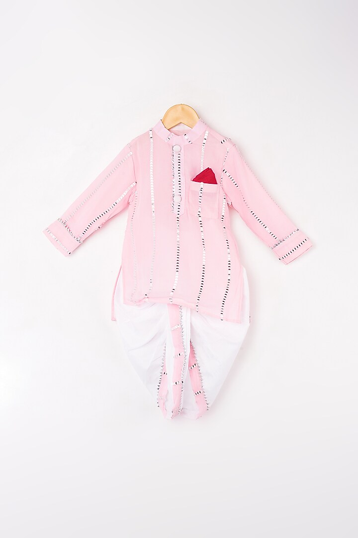 Baby Pink Georgette & Cotton Silk Kurta Set For Boys by Kirti Agarwal Pret n Couture at Pernia's Pop Up Shop