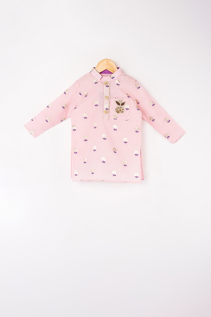 Pale Pink Chanderi Silk & Cotton Silk Kurta Set For Boys by Kirti Agarwal Pret n Couture at Pernia's Pop Up Shop