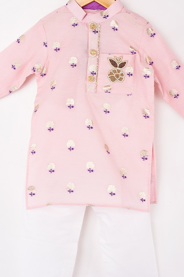 Pale Pink Chanderi Silk & Cotton Silk Kurta Set For Boys by Kirti Agarwal Pret n Couture at Pernia's Pop Up Shop