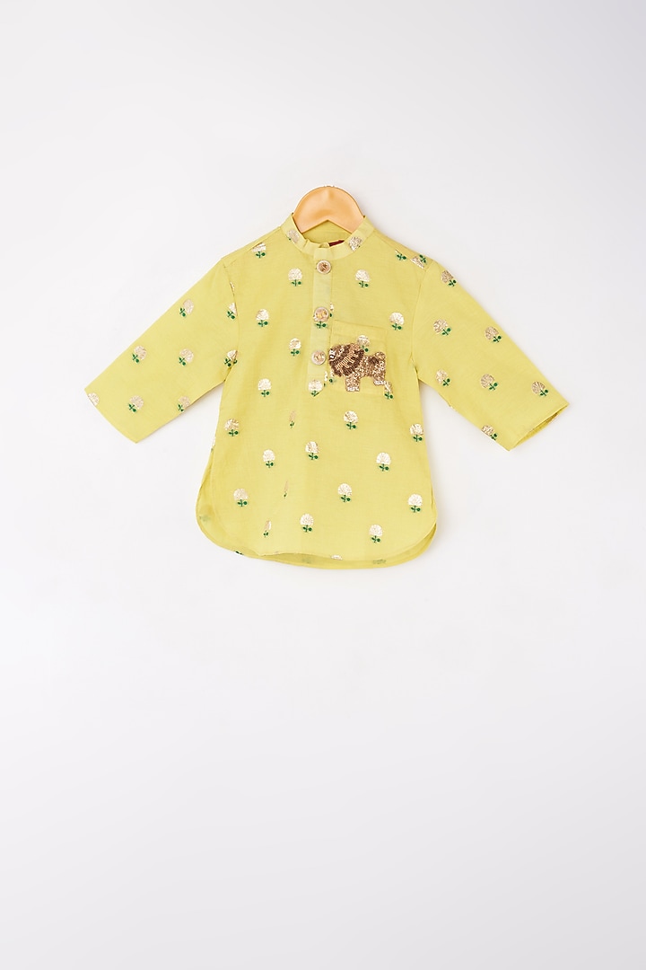 Yellow Cotton Silk & Chanderi Silk Kurta Set For Boys by Kirti Agarwal Pret n Couture at Pernia's Pop Up Shop