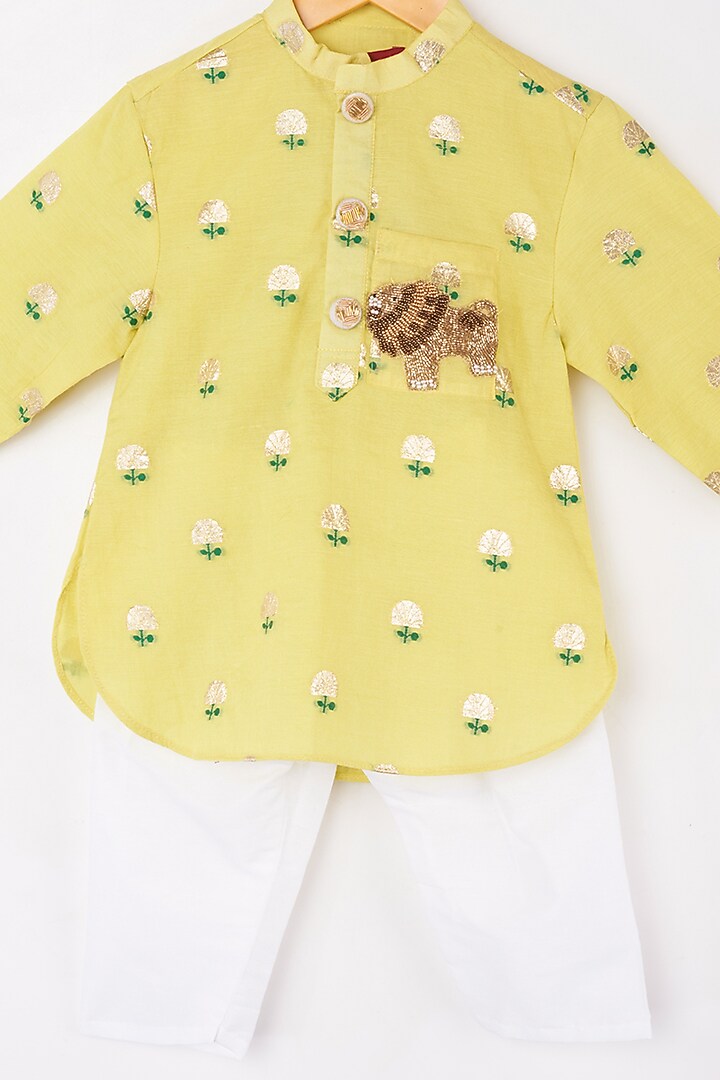 Yellow Cotton Silk & Chanderi Silk Kurta Set For Boys by Kirti Agarwal Pret n Couture at Pernia's Pop Up Shop