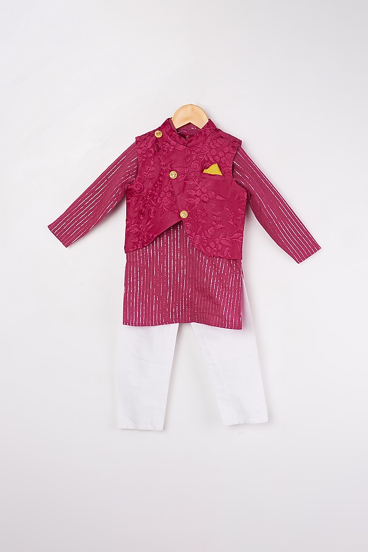 Reddish Pink Kurta Set With Embroidered Bundi Jacket For Boys by Kirti Agarwal Pret n Couture at Pernia's Pop Up Shop