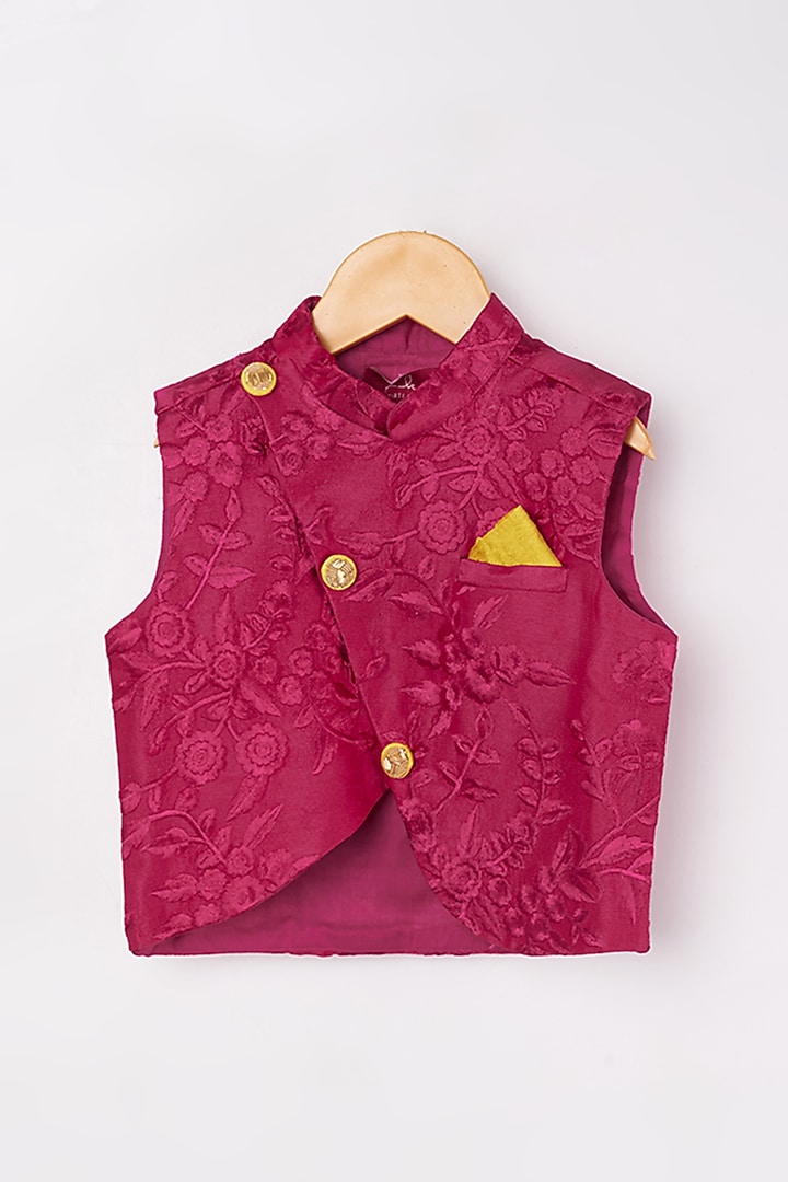 Reddish Pink Kurta Set With Embroidered Bundi Jacket For Boys by Kirti Agarwal Pret n Couture at Pernia's Pop Up Shop