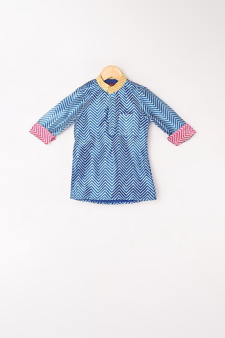 Cobalt Blue Printed Kurta Set With Bundi Jacket For Boys by Kirti Agarwal Pret n Couture at Pernia's Pop Up Shop