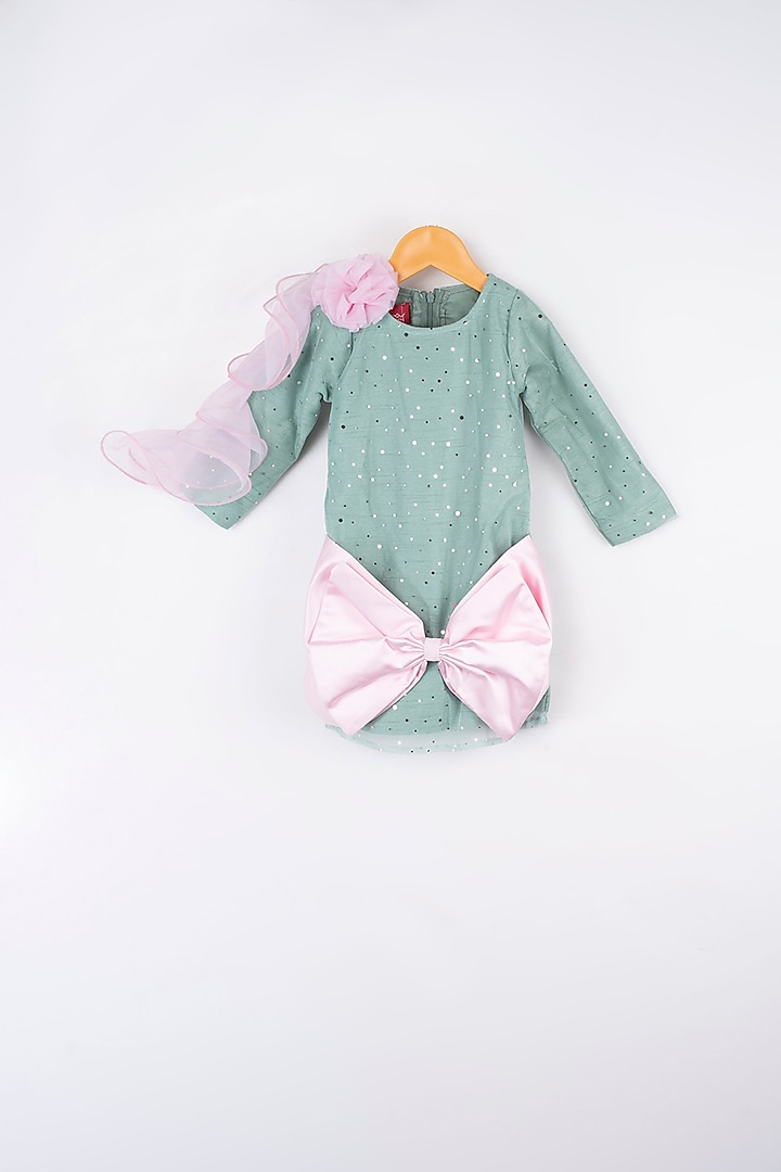 Dull Teal Frock With Blush Pink Bow For Girls by Kirti Agarwal Pret n Couture at Pernia's Pop Up Shop