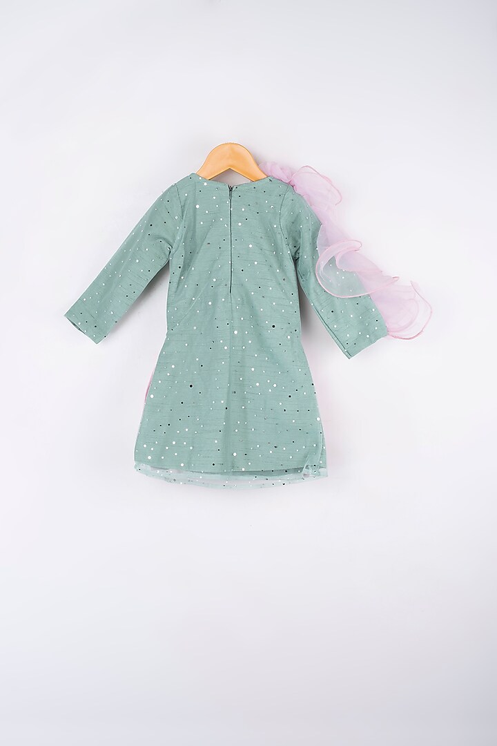 Dull Teal Frock With Blush Pink Bow For Girls by Kirti Agarwal Pret n Couture at Pernia's Pop Up Shop