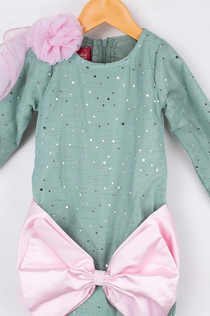 Dull Teal Frock With Blush Pink Bow For Girls by Kirti Agarwal Pret n Couture at Pernia's Pop Up Shop