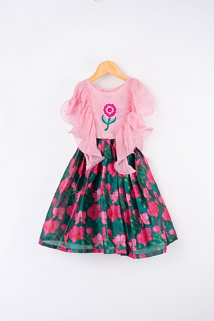 Dark Teal Floral Printed Skirt Set For Girls by  Kirti Agarwal Pret n Couture