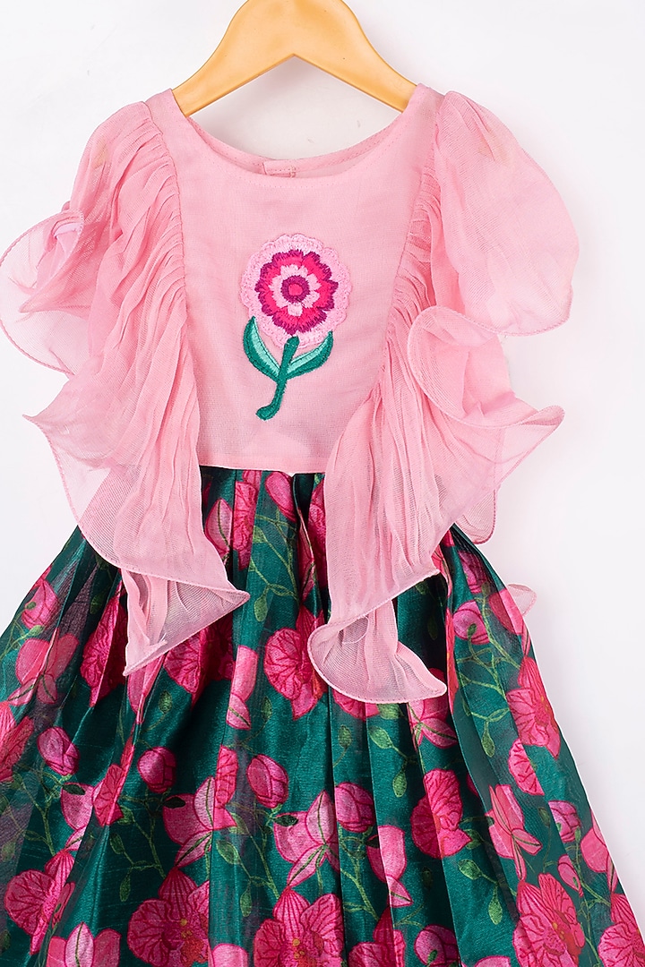 Dark Teal Floral Printed Skirt Set For Girls by  Kirti Agarwal Pret n Couture at Pernia's Pop Up Shop