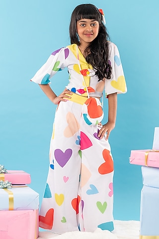 White Pure Cotton Heart Printed Co-Ord Set For Girls by Kirti Agarwal Pret n Couture