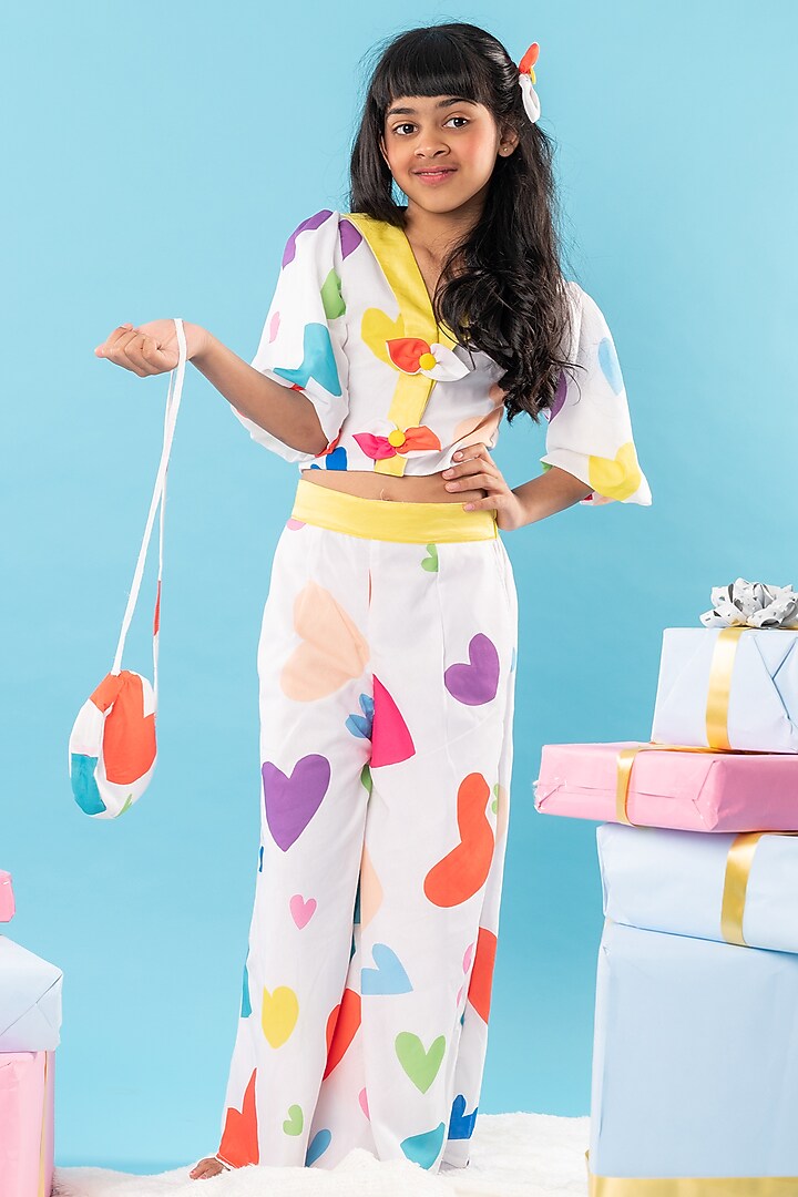 White Pure Cotton Heart Printed Co-Ord Set For Girls by Kirti Agarwal Pret n Couture at Pernia's Pop Up Shop