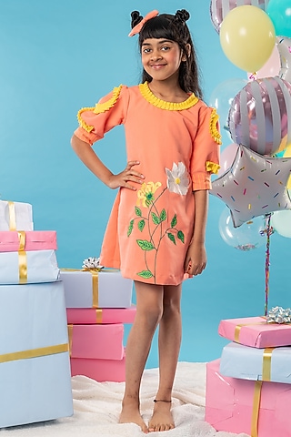 Orange Imported Crepe Floral Embroidered Frilled Dress For Girls by Kirti Agarwal Pret n Couture