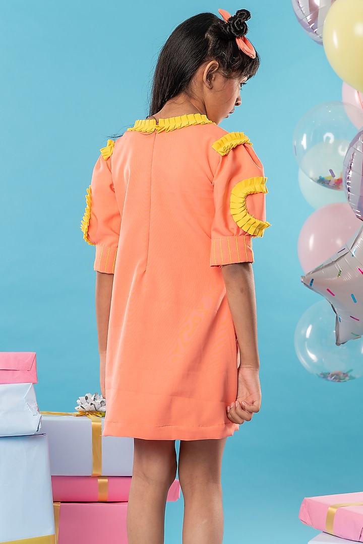Orange Imported Crepe Floral Embroidered Frilled Dress For Girls by Kirti Agarwal Pret n Couture at Pernia's Pop Up Shop