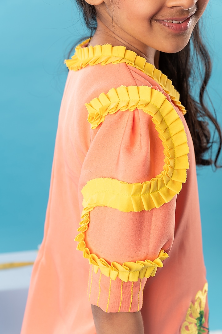 Orange Imported Crepe Floral Embroidered Frilled Dress For Girls by Kirti Agarwal Pret n Couture at Pernia's Pop Up Shop