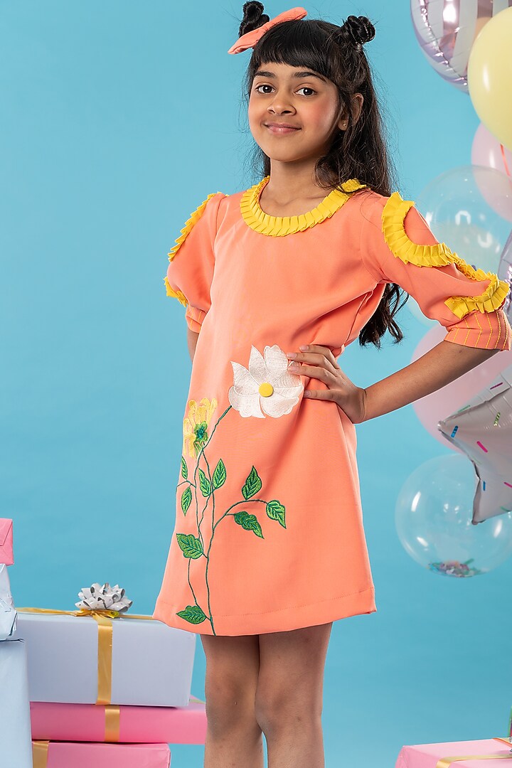 Orange Imported Crepe Floral Embroidered Frilled Dress For Girls by Kirti Agarwal Pret n Couture at Pernia's Pop Up Shop