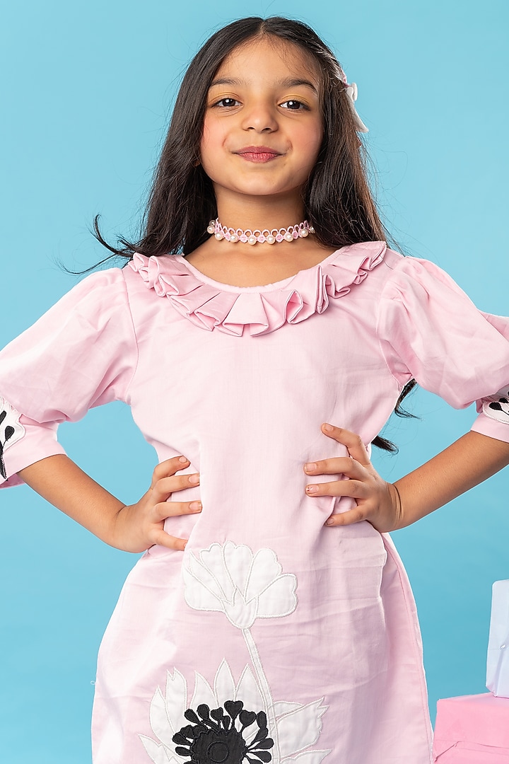 Pink Cotton Silk Floral & Applique Embroidered Dress For Girls by Kirti Agarwal Pret n Couture at Pernia's Pop Up Shop