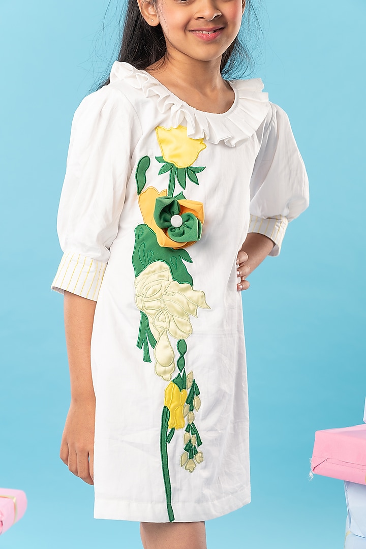 White Cotton Silk Heavy Floral Embroidered Dress For Girls by Kirti Agarwal Pret n Couture at Pernia's Pop Up Shop