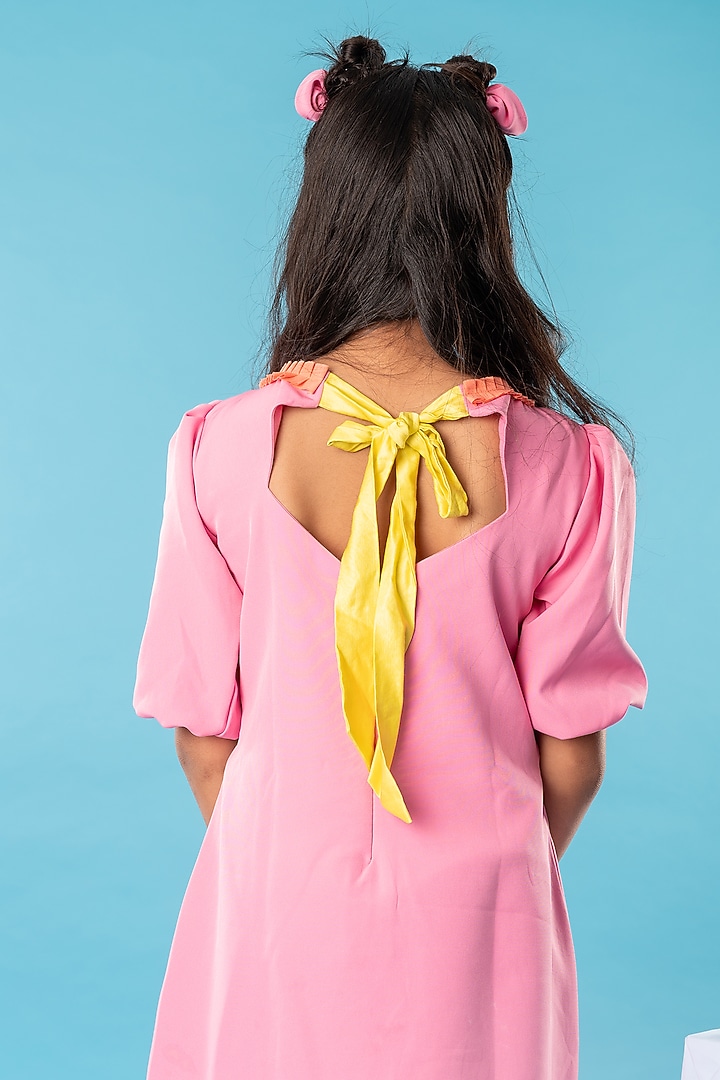 Pink Imported Crepe Floral Embroidered Pleated Frilled Dress For Girls by Kirti Agarwal Pret n Couture at Pernia's Pop Up Shop
