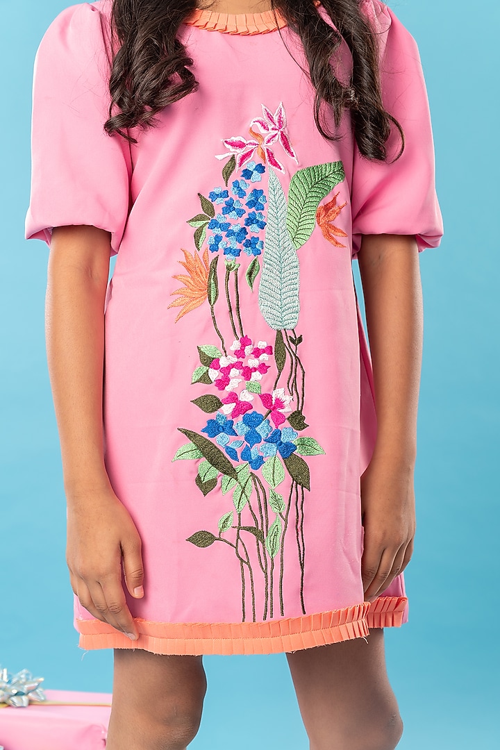Pink Imported Crepe Floral Embroidered Pleated Frilled Dress For Girls by Kirti Agarwal Pret n Couture at Pernia's Pop Up Shop