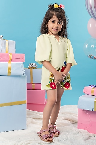 Light Green Georgette Floral & Pearl Embroidered Dress For Girls by Kirti Agarwal Pret n Couture