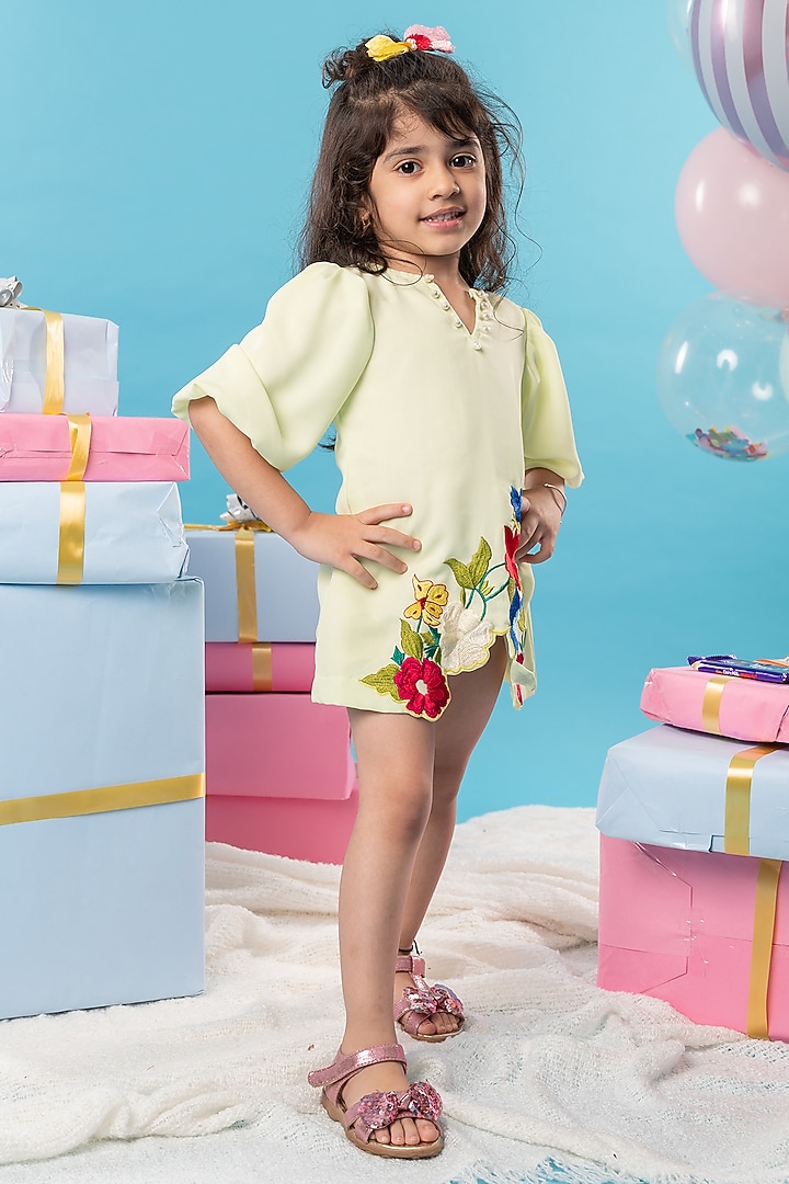 Light Green Georgette Floral & Pearl Embroidered Dress For Girls by Kirti Agarwal Pret n Couture at Pernia's Pop Up Shop