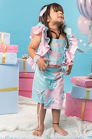 Blue and Pink Cotton Satin Bow Skirt Set For Girls by Kirti Agarwal Pret n Couture
