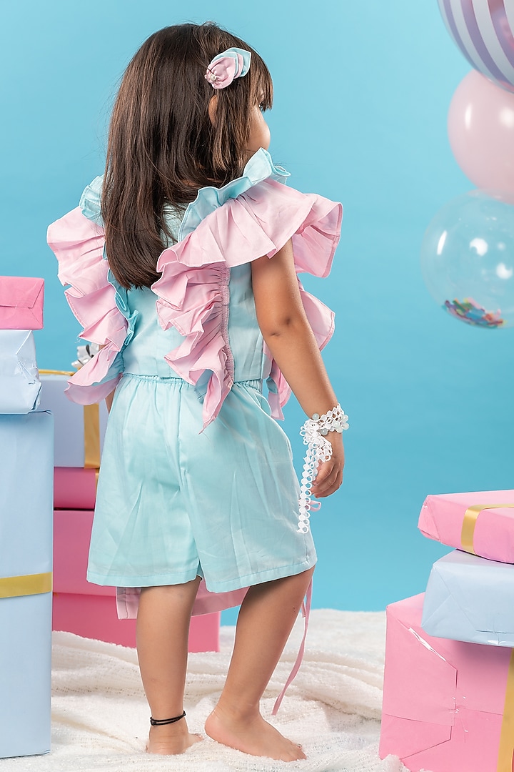 Blue and Pink Cotton Satin Bow Skirt Set For Girls by Kirti Agarwal Pret n Couture at Pernia's Pop Up Shop