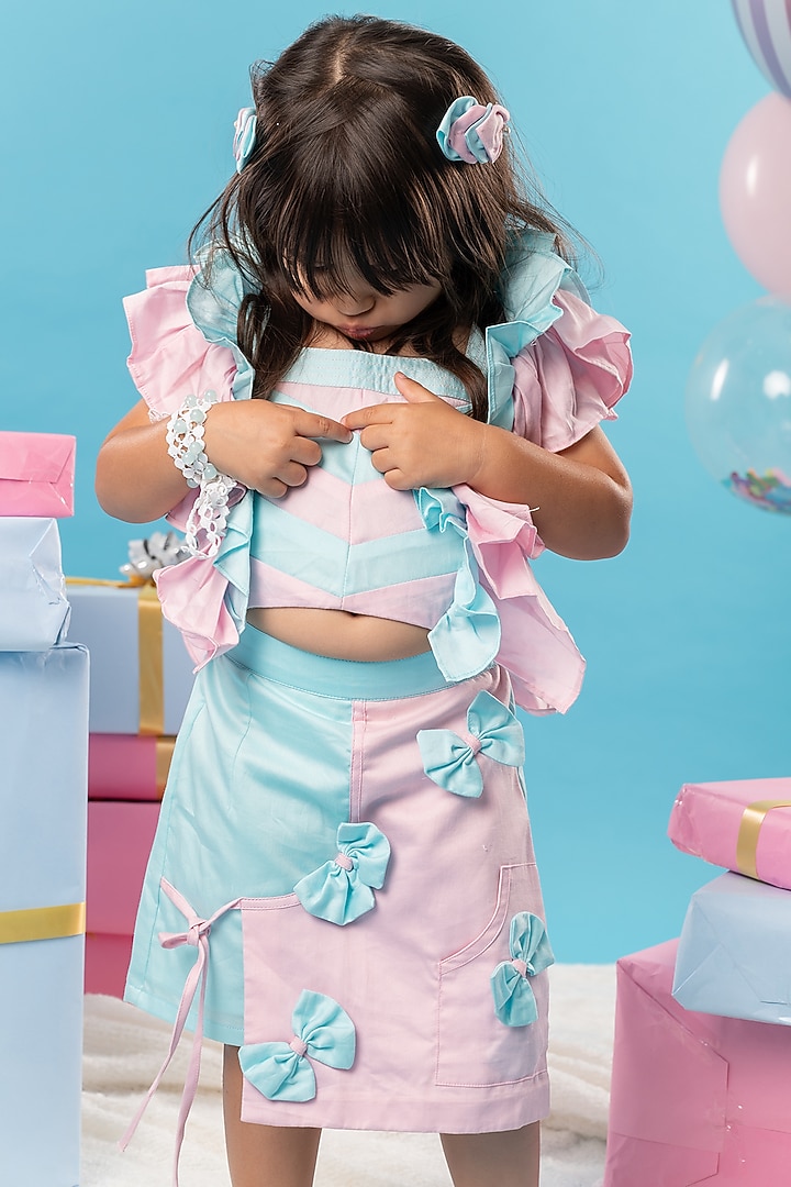 Blue and Pink Cotton Satin Bow Skirt Set For Girls by Kirti Agarwal Pret n Couture at Pernia's Pop Up Shop