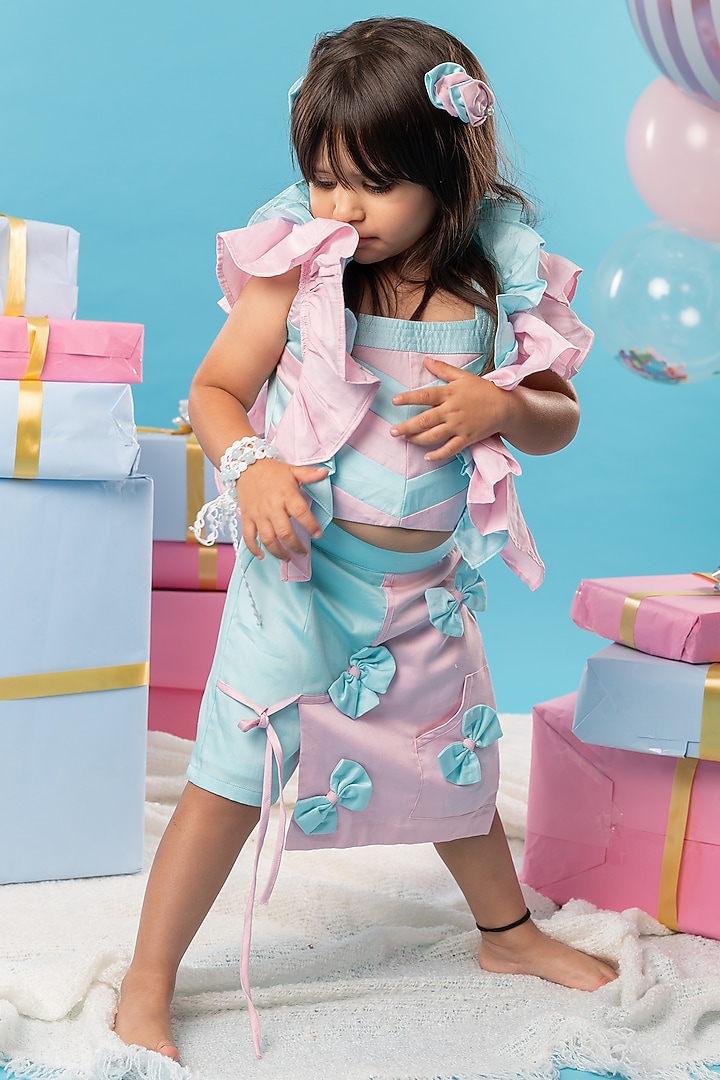 Blue and Pink Cotton Satin Bow Skirt Set For Girls by Kirti Agarwal Pret n Couture at Pernia's Pop Up Shop