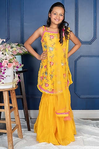 Yellow Pure Chanderi Silk Sharara Set For Girls by Kirti Agarwal Pret n Couture