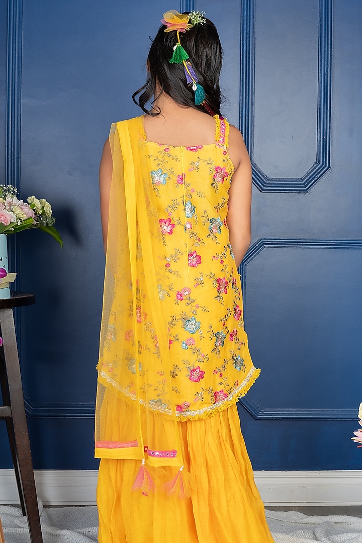 Yellow Pure Chanderi Silk Sharara Set For Girls by Kirti Agarwal Pret n Couture at Pernia's Pop Up Shop