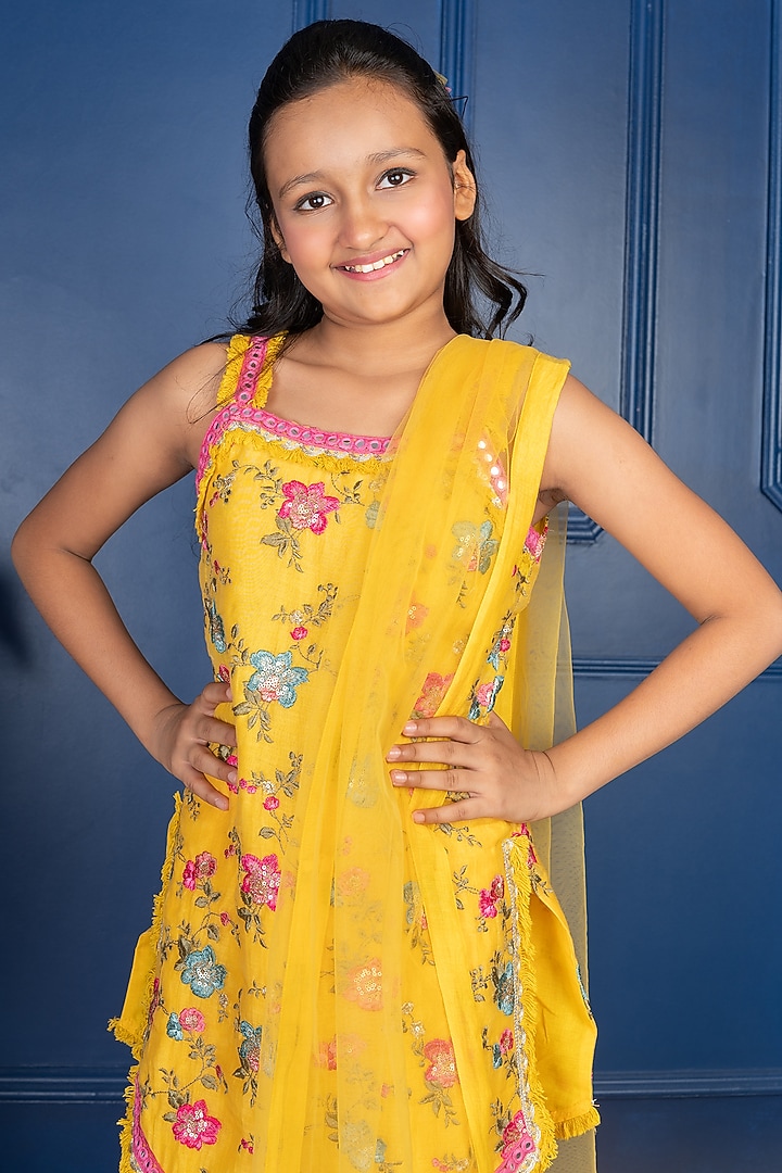 Yellow Pure Chanderi Silk Sharara Set For Girls by Kirti Agarwal Pret n Couture at Pernia's Pop Up Shop