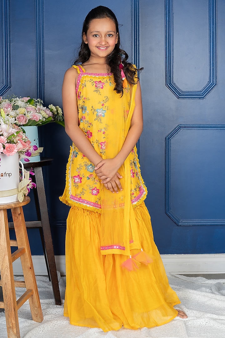 Yellow Pure Chanderi Silk Sharara Set For Girls by Kirti Agarwal Pret n Couture at Pernia's Pop Up Shop