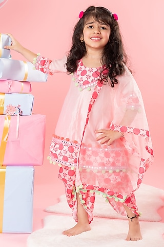 Pink Modal Satin Printed Dhoti Set For Girls by Kirti Agarwal Pret n Couture