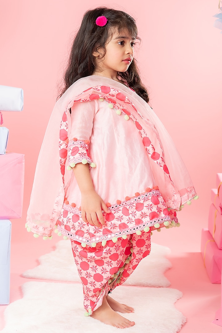 Pink Modal Satin Printed Dhoti Set For Girls by Kirti Agarwal Pret n Couture at Pernia's Pop Up Shop
