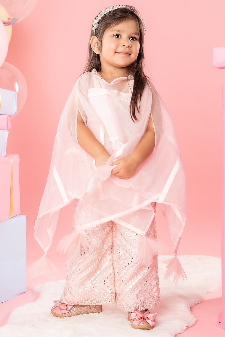 Peach Organza & Net Embroidered Cape Set For Girls by  Kirti Agarwal Pret n Couture
