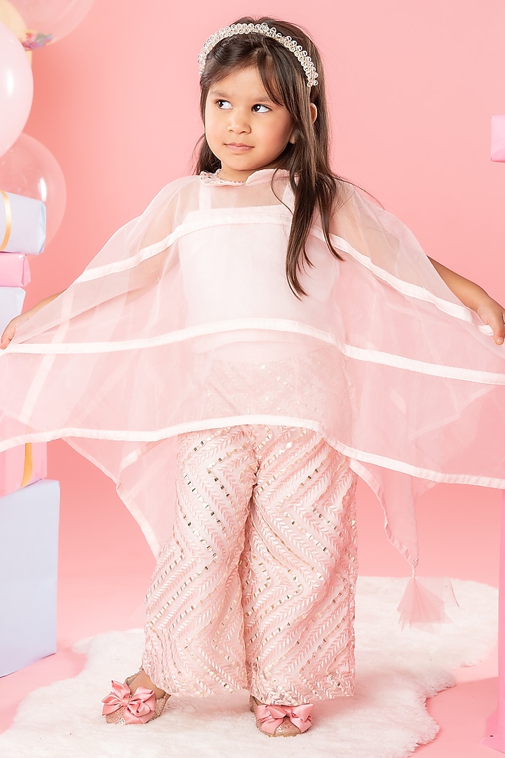 Peach Organza & Net Embroidered Cape Set For Girls by Kirti Agarwal Pret n Couture at Pernia's Pop Up Shop