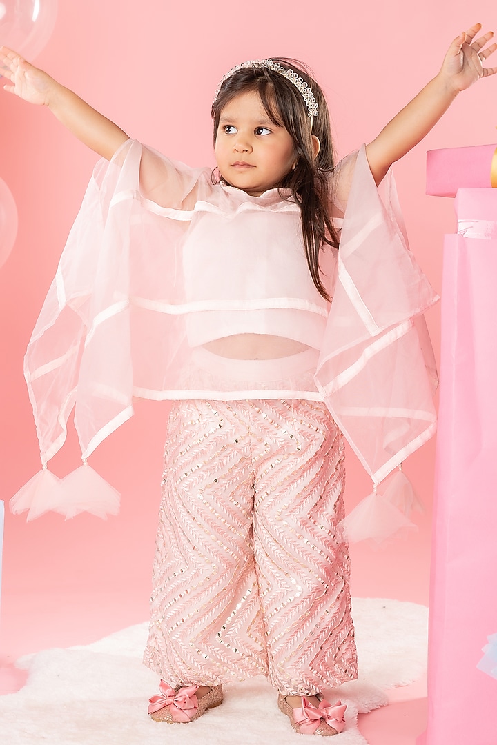 Peach Organza & Net Embroidered Cape Set For Girls by Kirti Agarwal Pret n Couture at Pernia's Pop Up Shop